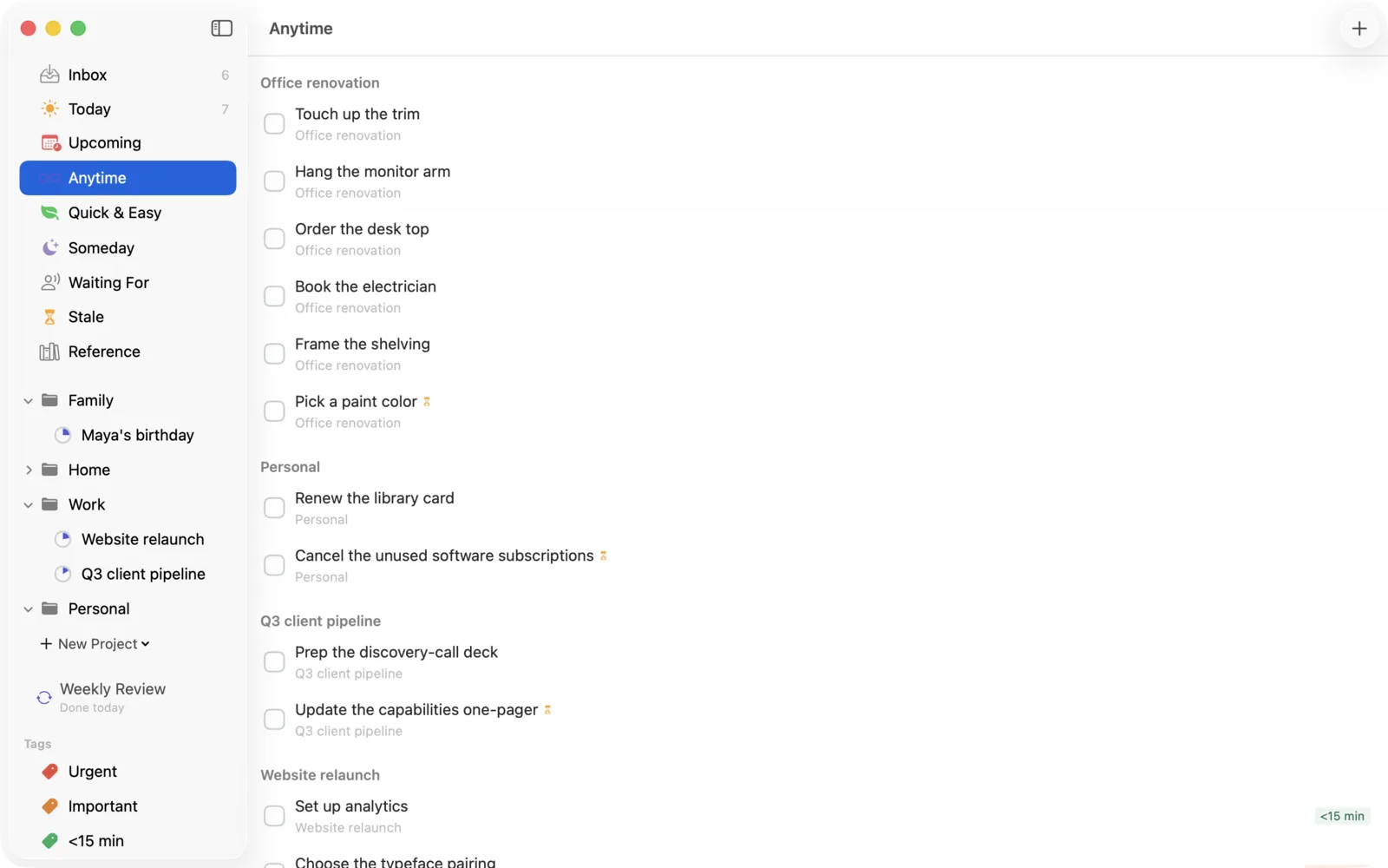 The Anytime view grouped by project, with hourglass markers on the tasks that have gone stale.