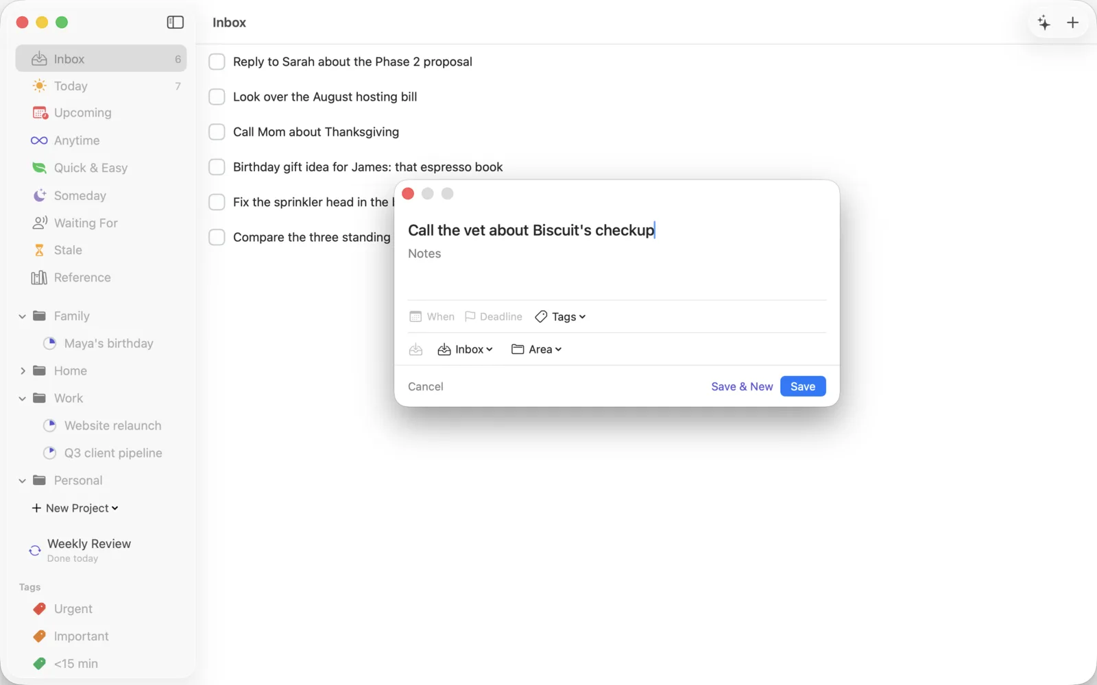 The Quick Entry panel floating over the Inbox with a task typed in and When, Deadline, Tags and destination controls.